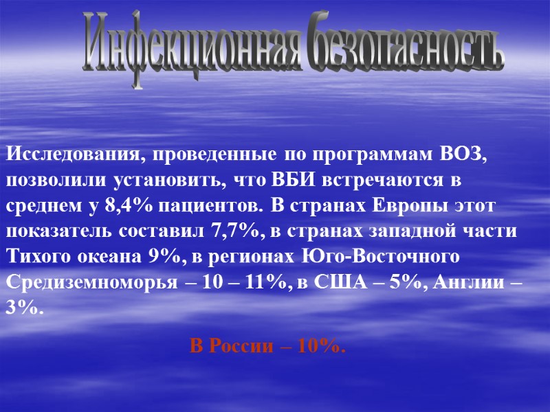 Исследования, проведенные по программам ВОЗ, позволили установить, что ВБИ встречаются в среднем у 8,4%